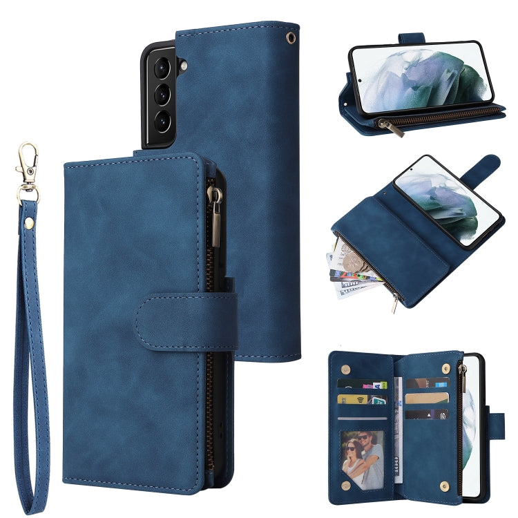 Blue leather phone case wallet with card slots, zipper pocket, wrist strap, and photo window