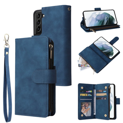 Blue leather phone case wallet with card slots, zipper pocket, wrist strap, and photo window