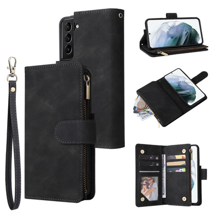 Black leather phone wallet case with card slots, zipper pocket, wrist strap, and photo window