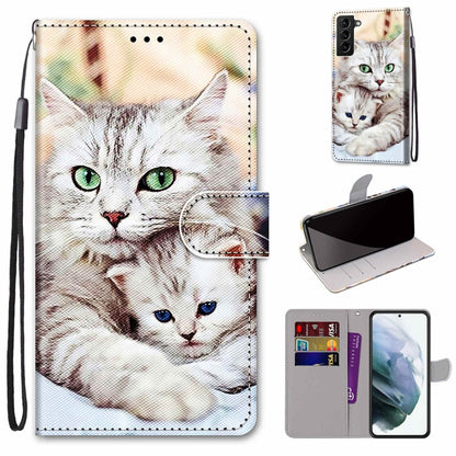 Flip phone leather case with lanyard, cat-and-kitten design, card slots