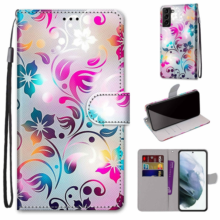 Flip phone leather case with lanyard, colorful floral swirls, card slots