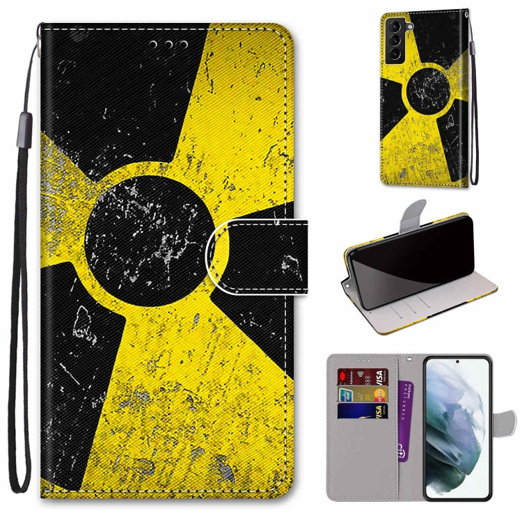 Flip phone leather case with lanyard, black and yellow figure print, card slots
