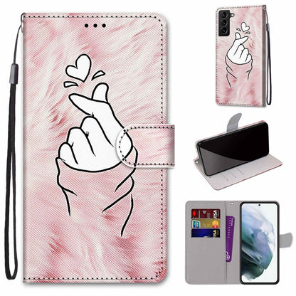 Flip phone leather case with lanyard, pink hand-heart line art, card slots