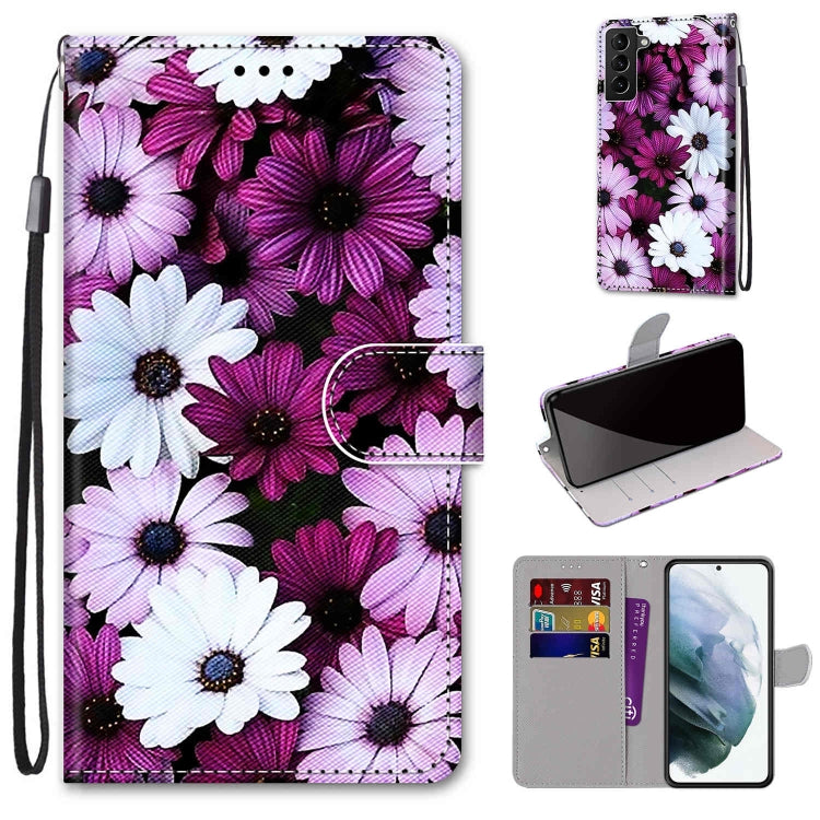 Flip phone leather case with lanyard, purple and white flower pattern, card slots