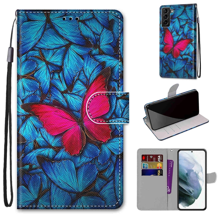 Flip phone leather case with lanyard, blue floral leaf print, card slots
