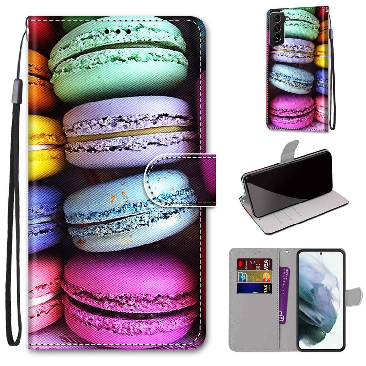 Colorful macarons print flip wallet phone case with card slots, stand, and wrist strap