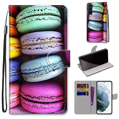 Colorful macarons print flip wallet phone case with card slots, stand, and wrist strap