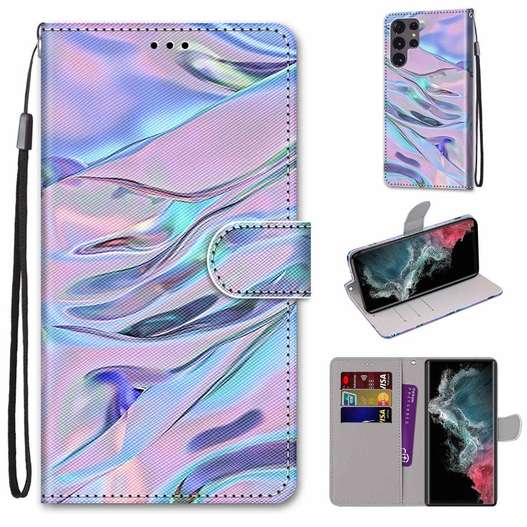 Holographic pastel wave flip wallet phone case with card slots and wrist strap