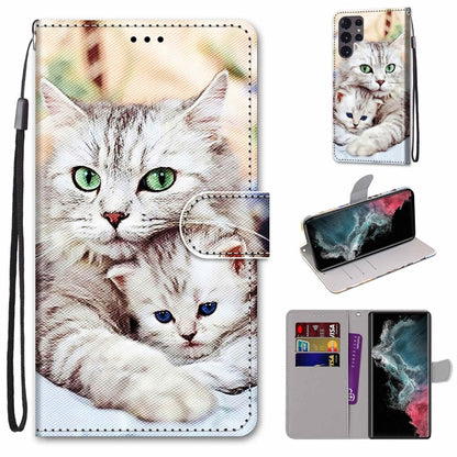 Flip PU phone wallet case with lanyard, card slots, and cat illustration design.