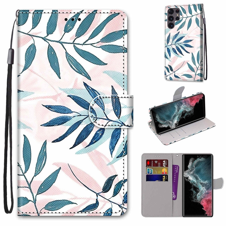 Flip PU phone wallet case with lanyard, card slots, and blue botanical leaf pattern.