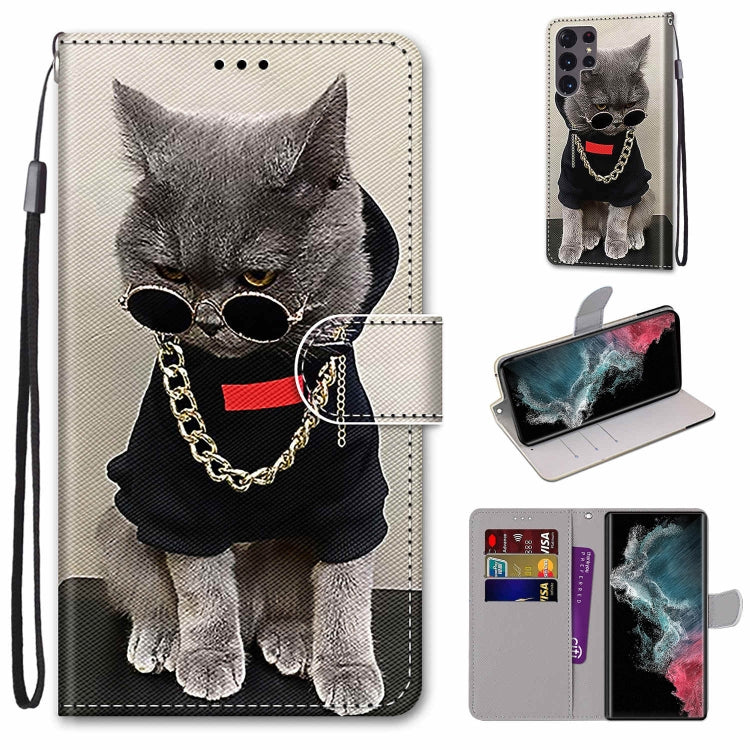 Flip PU phone wallet case with lanyard, card slots, and black cat portrait design.
