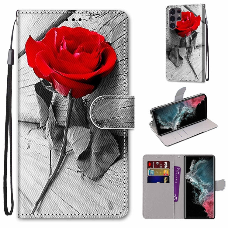 Flip PU phone wallet case with lanyard, card slots, and red rose on grayscale design.