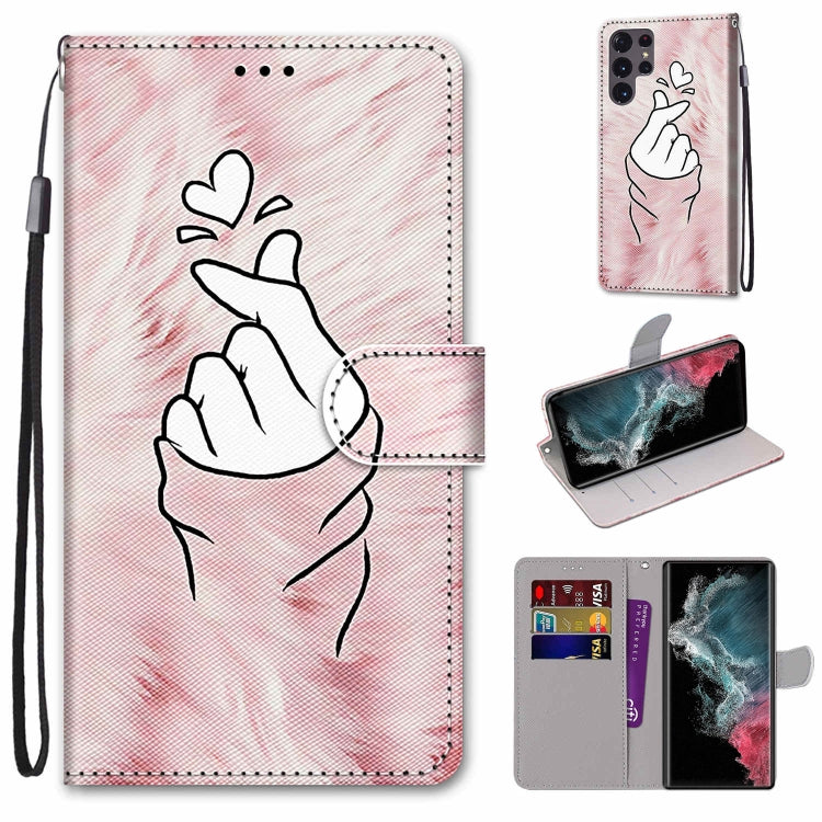 Flip PU phone wallet case with lanyard, card slots, and hand heart line-art design.