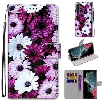 Flip PU phone wallet case with lanyard, card slots, and purple daisy flower pattern.