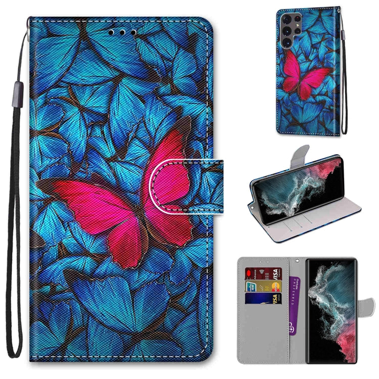 Flip PU phone wallet case with lanyard, card slots, and blue flower butterfly pattern.