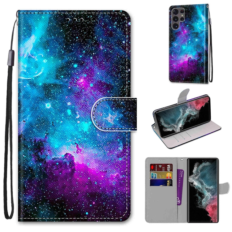 Galaxy blue and purple flip phone wallet case with card slots and lanyard strap