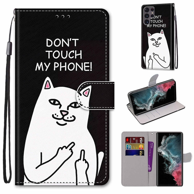 Black cat print flip phone wallet case with card slots and lanyard strap