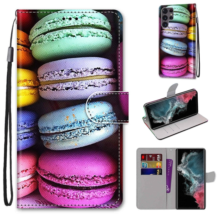 Colorful macaroon print flip phone wallet case with card slots and lanyard strap