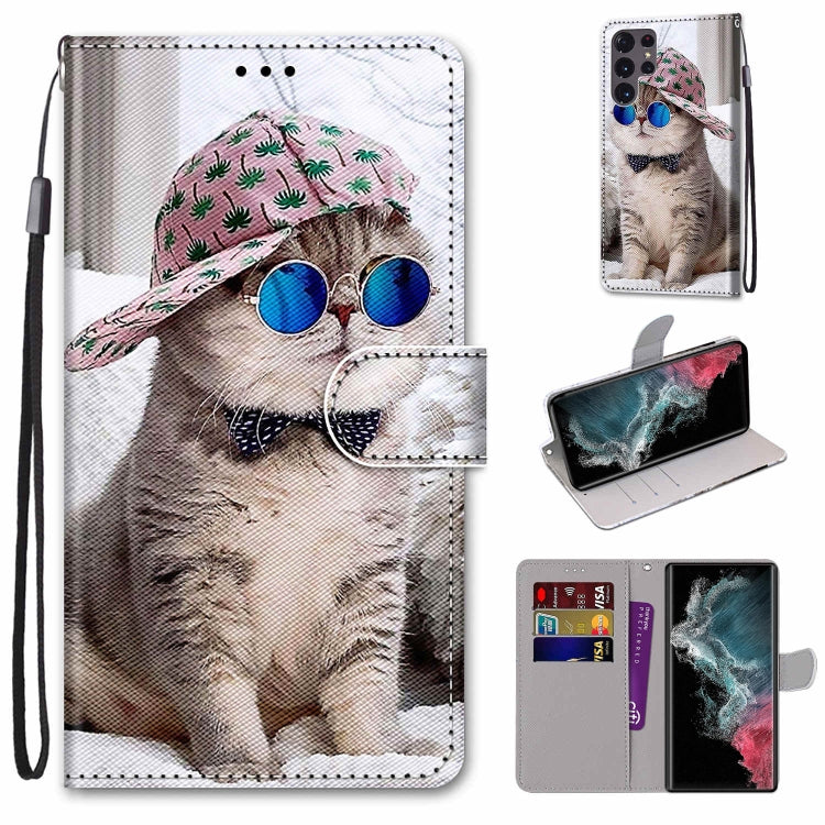 Cat-and-hat photo flip phone wallet case with card slots and lanyard strap