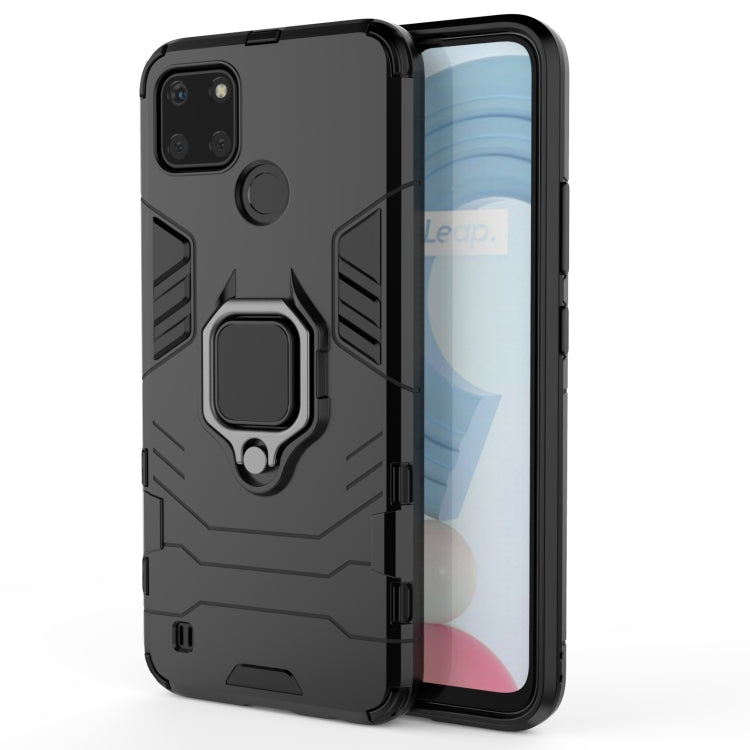 Shockproof phone case with magnetic ring holder, black TPU+PC armor shell.