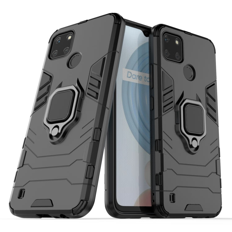 Shockproof phone case with magnetic ring holder, black TPU+PC armor design, front and back.