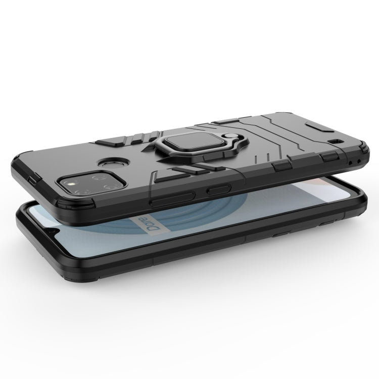 Shockproof phone case with magnetic ring holder, black TPU+PC with raised screen edges.