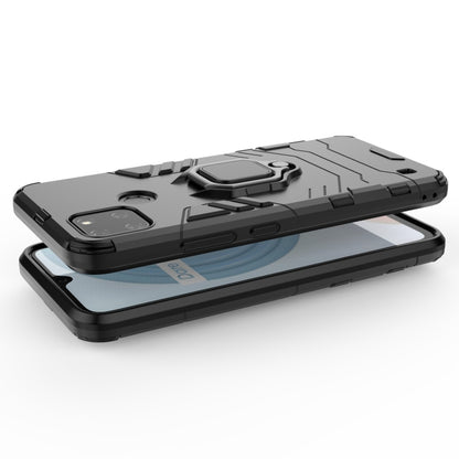 Shockproof phone case with magnetic ring holder, black TPU+PC with raised screen edges.