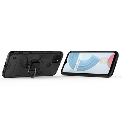 Shockproof phone case with magnetic ring holder, black TPU+PC armor, phone front and back.