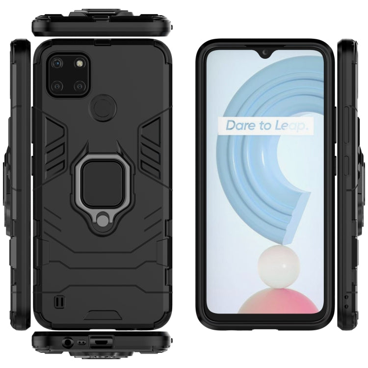 Shockproof phone case with magnetic ring holder, black TPU+PC dual-layer protection.