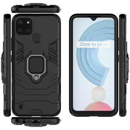 Shockproof phone case with magnetic ring holder, black TPU+PC dual-layer protection.
