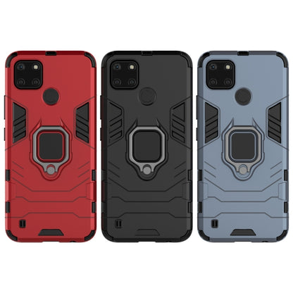 Shockproof phone case with magnetic ring holder, red/black/navy blue armor, three shown.