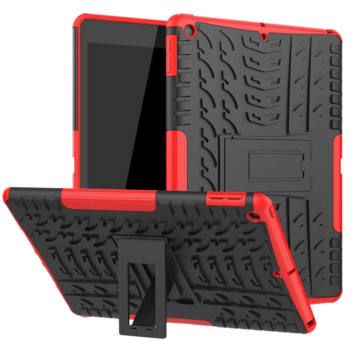 Red and black rugged tablet shockproof case with tire-texture grip and kickstand holder