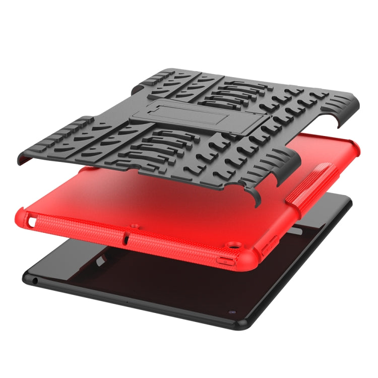 Red and black shockproof tablet case with tire-texture cover and kickstand