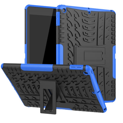 Blue and black rugged shockproof tablet case with tire-texture grip and kickstand holder