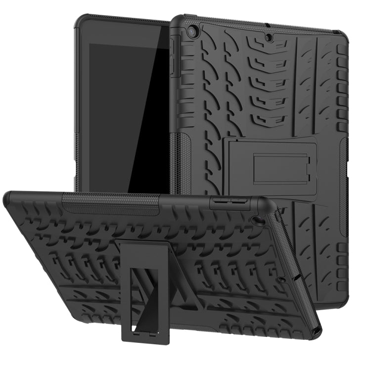 Black rugged shockproof tablet case with tire-texture grip and kickstand holder