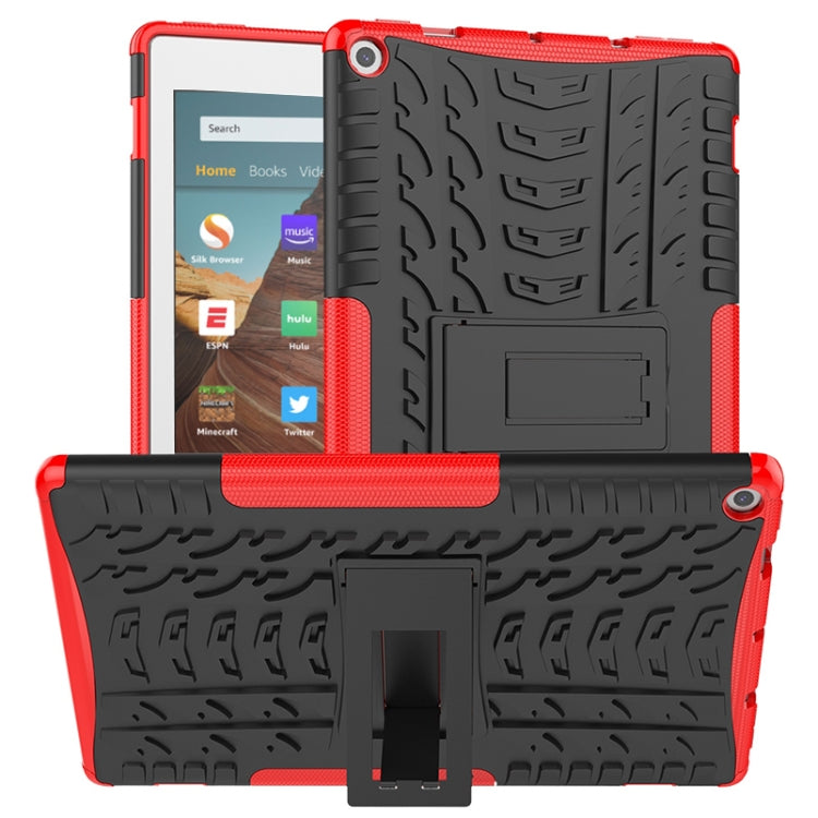 Red tire-texture shockproof tablet case with built-in holder and stand, tablet installed