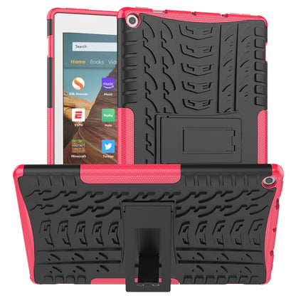 Red tire-texture shockproof tablet case with built-in holder and stand, front and back shown