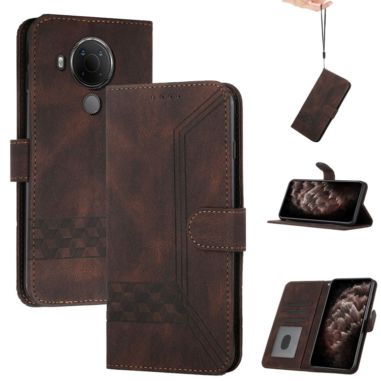 Dark coffee flip leather phone case with geometric pattern, card holder and magnetic flap