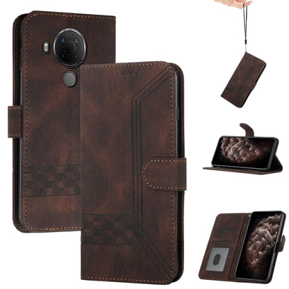 Dark coffee flip leather phone case with geometric pattern, card holder and magnetic flap