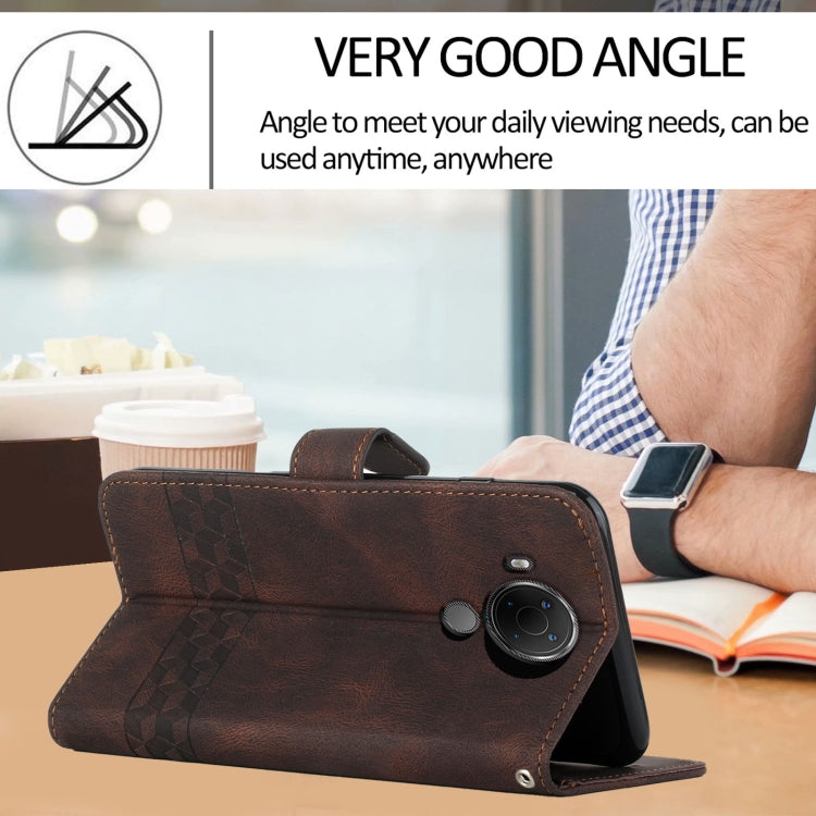 Dark coffee folio flip phone case standing open, with camera cutout and viewing support