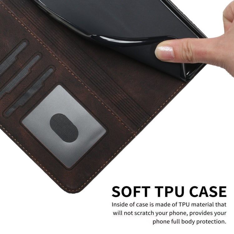 Dark coffee leather flip case interior with card pocket and soft TPU phone protection