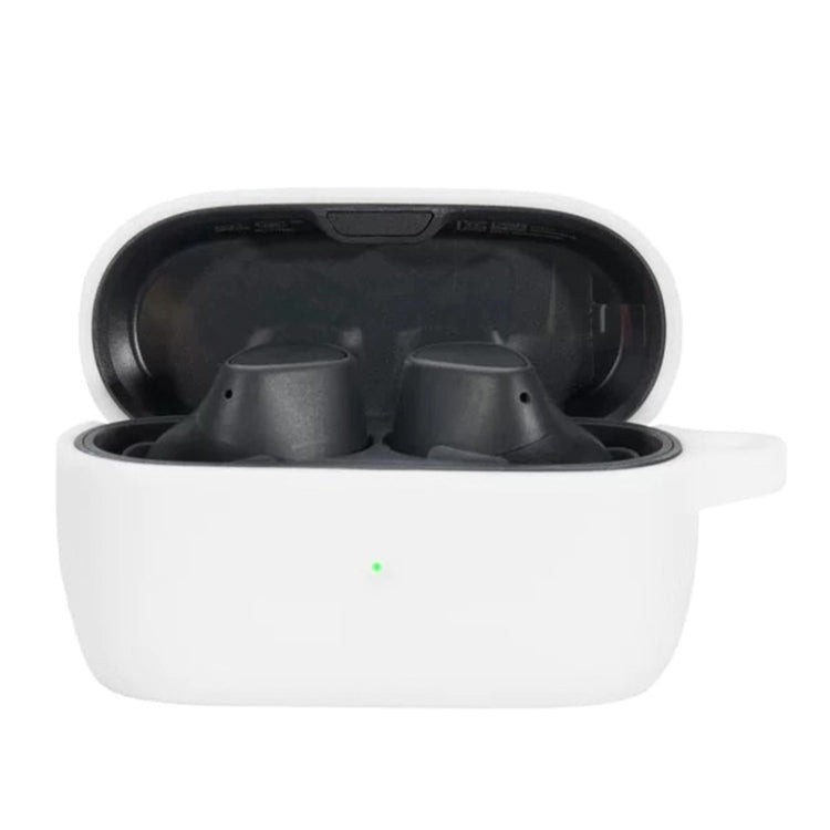 Silicone earbud protective case in white, open with two earbuds inside