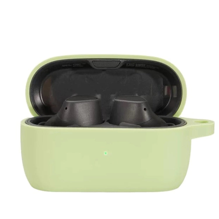 Silicone earbud protective case in matcha green, open with two earbuds inside