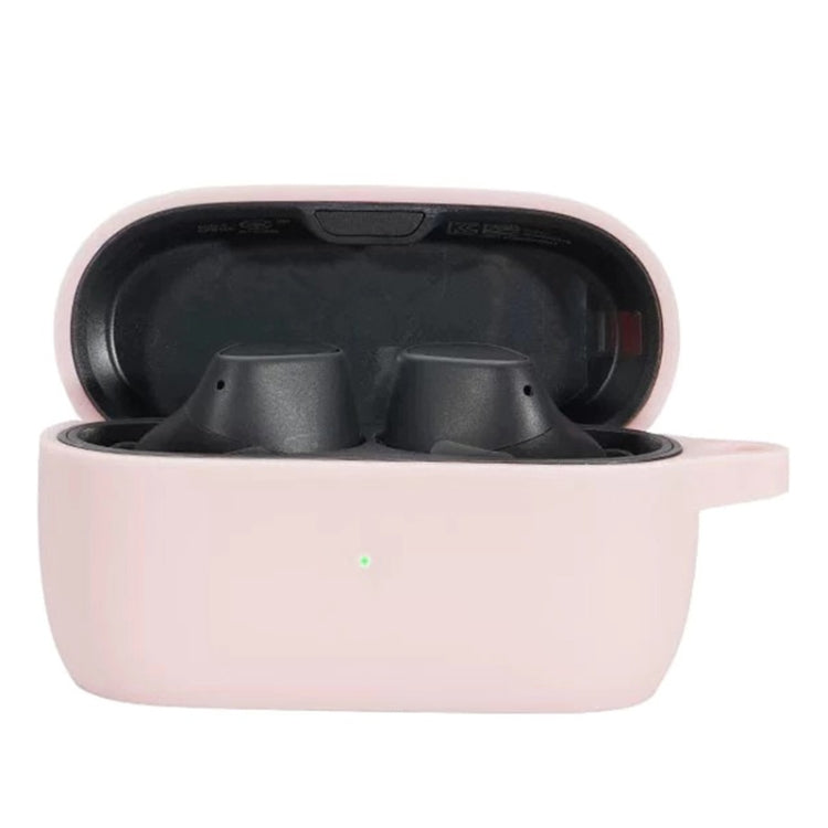 Silicone earbud protective case in pink, open with two earbuds inside