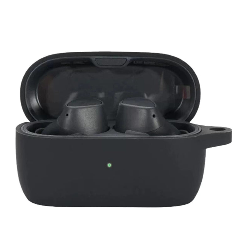 Silicone earbud protective case in black, open with two earbuds inside