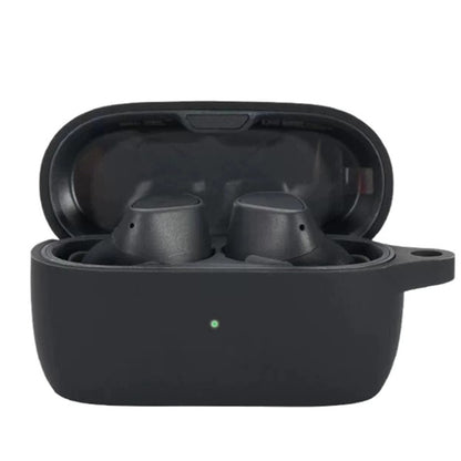 Silicone earbud protective case in black, open with two earbuds inside