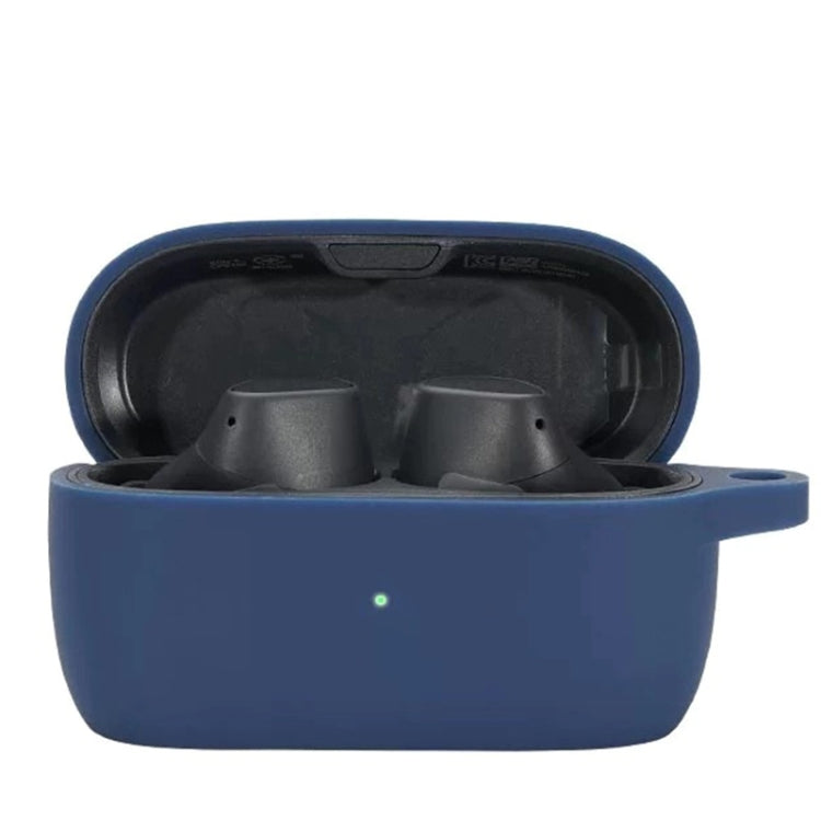Silicone earbud protective case in midnight blue, open with two earbuds inside