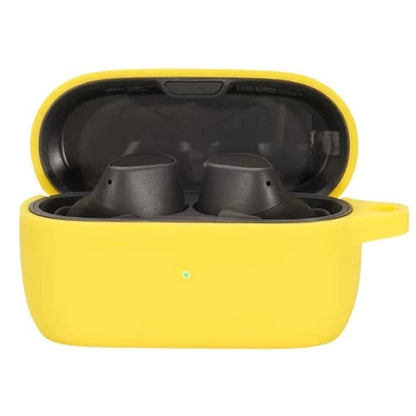 Silicone earbud protective case in yellow, open with two earbuds inside