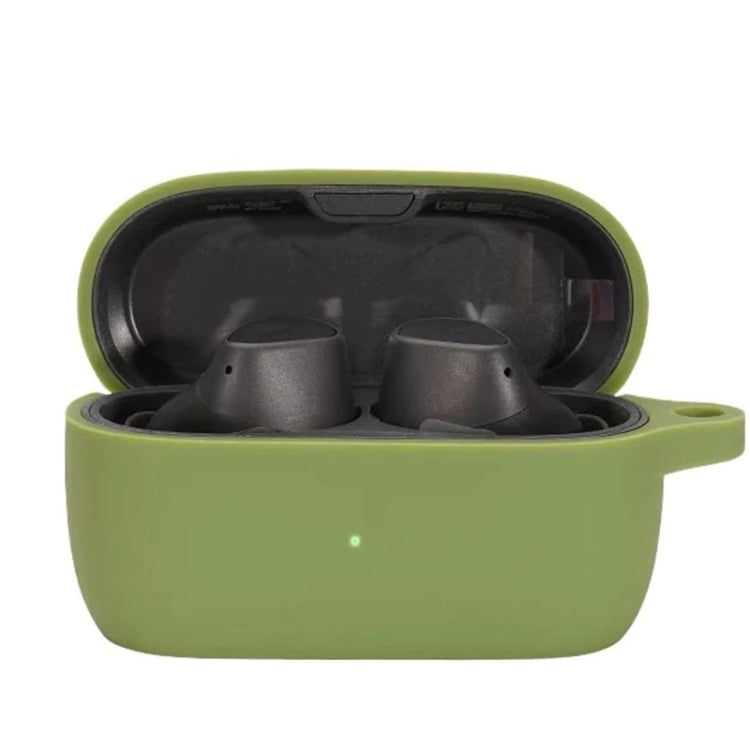 Silicone earbud protective case in grass green, open with two earbuds inside