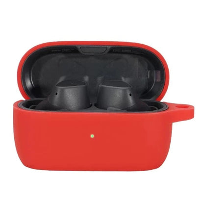 Silicone earbud protective case in red, open with two earbuds inside